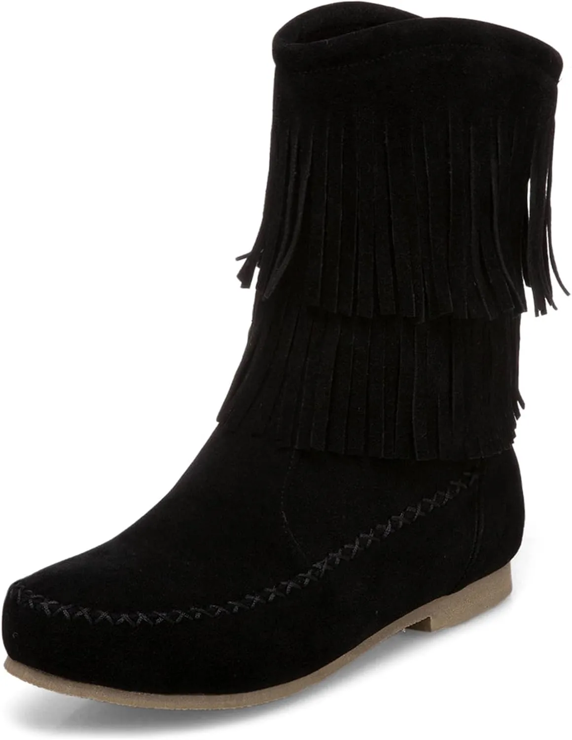 Lossarye Women's Suede Double Tassel Flat Mid-Calf Boots Comfortable Round Toe Slip-On Retro Western Short Boots Fashion Fringe Ankle Boots