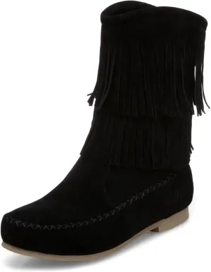 Lossarye Women's Suede Double Tassel Flat Mid-Calf Boots Comfortable Round Toe Slip-On Retro Western Short Boots Fashion Fringe Ankle Boots