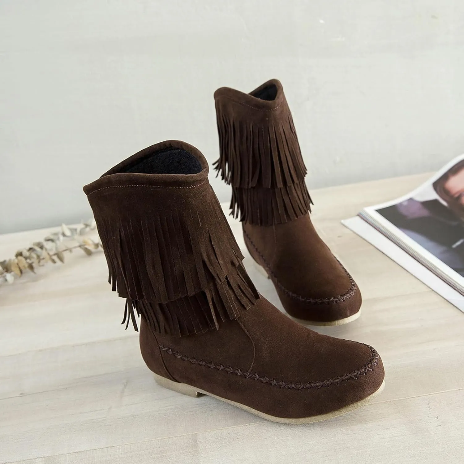 Lossarye Women's Suede Double Tassel Flat Mid-Calf Boots Comfortable Round Toe Slip-On Retro Western Short Boots Fashion Fringe Ankle Boots