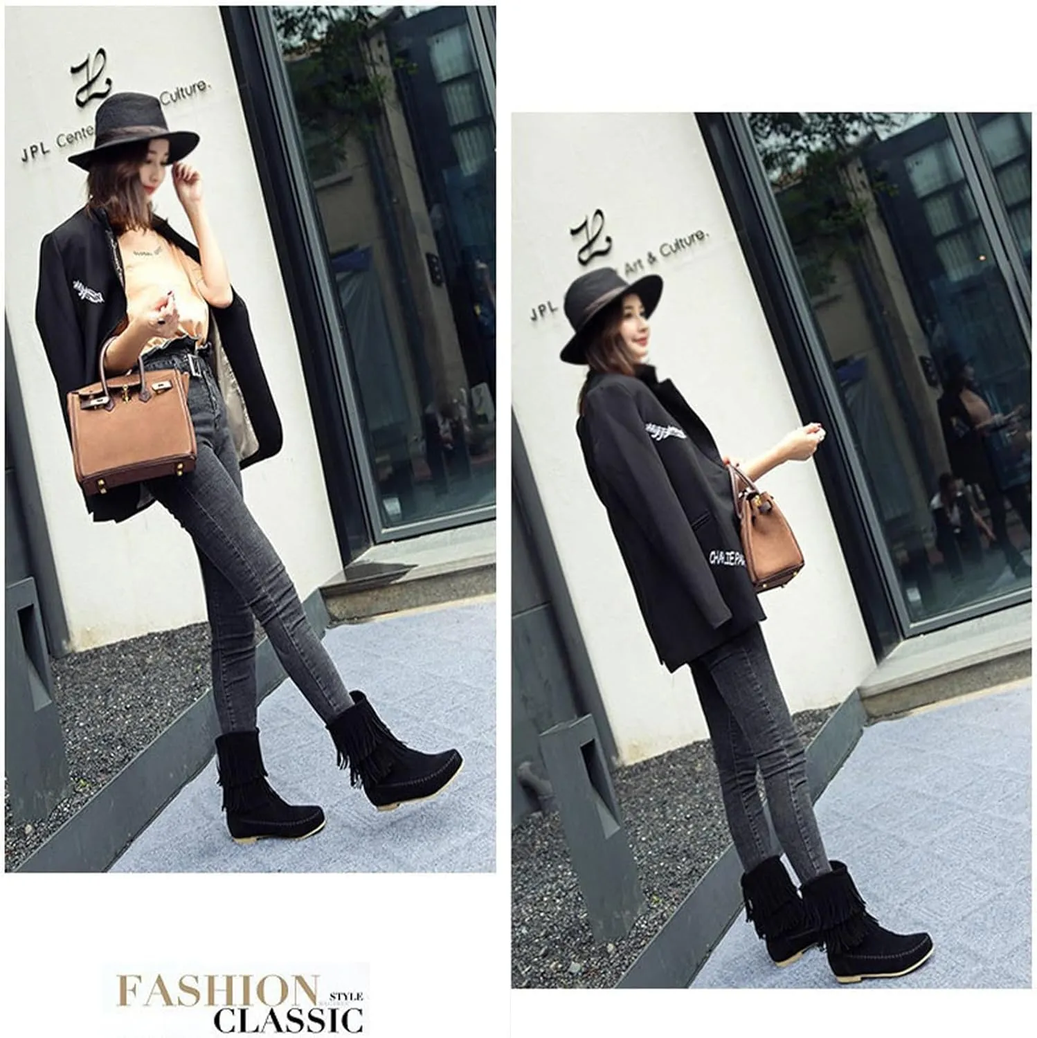Lossarye Women's Suede Double Tassel Flat Mid-Calf Boots Comfortable Round Toe Slip-On Retro Western Short Boots Fashion Fringe Ankle Boots