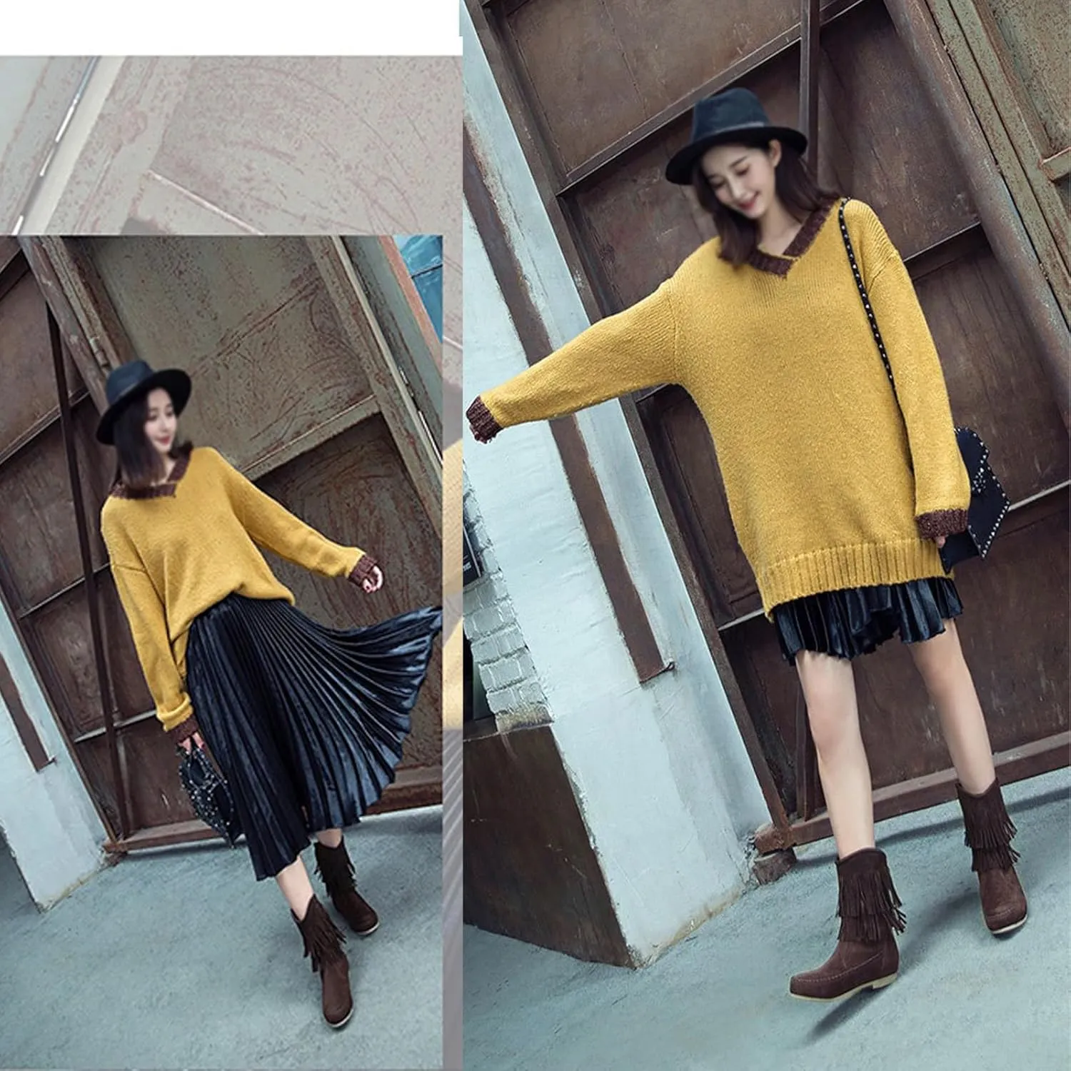 Lossarye Women's Suede Double Tassel Flat Mid-Calf Boots Comfortable Round Toe Slip-On Retro Western Short Boots Fashion Fringe Ankle Boots