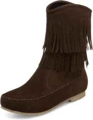 Lossarye Women's Suede Double Tassel Flat Mid-Calf Boots Comfortable Round Toe Slip-On Retro Western Short Boots Fashion Fringe Ankle Boots