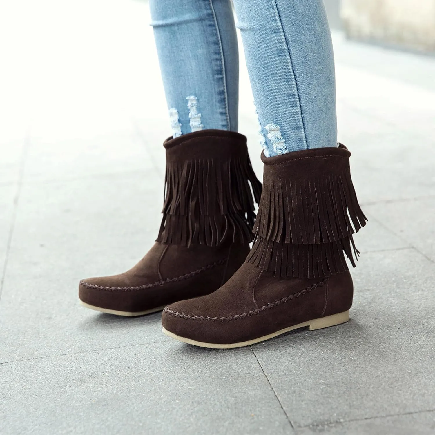 Lossarye Women's Suede Double Tassel Flat Mid-Calf Boots Comfortable Round Toe Slip-On Retro Western Short Boots Fashion Fringe Ankle Boots