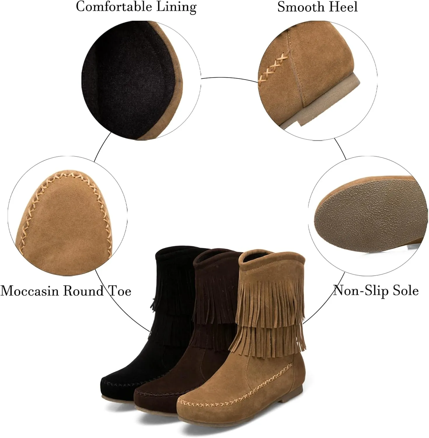 Lossarye Women's Suede Double Tassel Flat Mid-Calf Boots Comfortable Round Toe Slip-On Retro Western Short Boots Fashion Fringe Ankle Boots