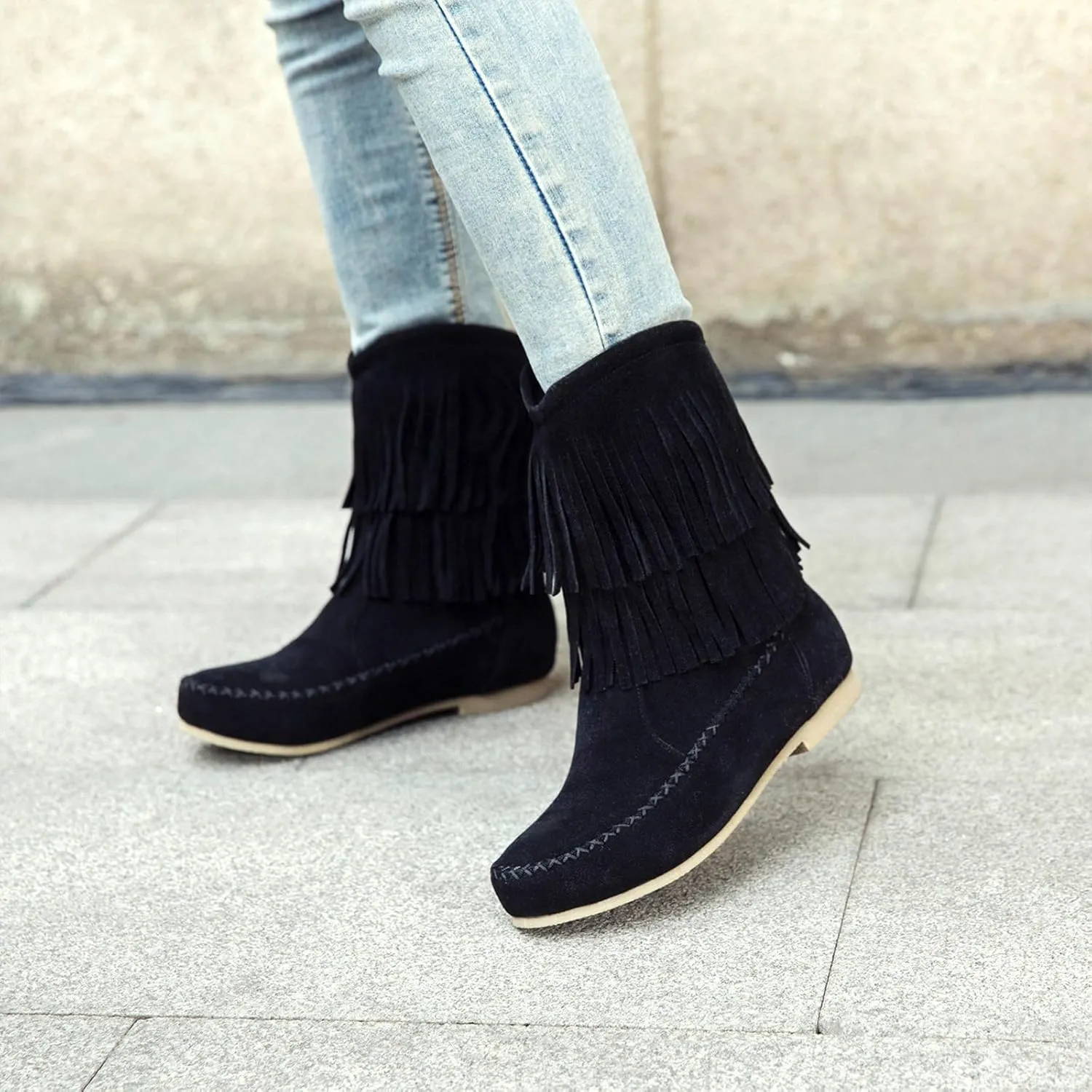 Lossarye Women's Suede Double Tassel Flat Mid-Calf Boots Comfortable Round Toe Slip-On Retro Western Short Boots Fashion Fringe Ankle Boots