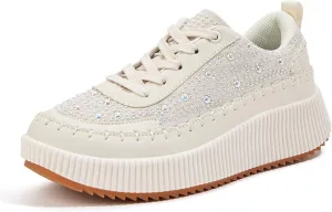 LUCKY STEP Women's Platform Sneakers Rhinestone Fashion Chunky Casual Sparkly Retro Braided Walking Shoes
