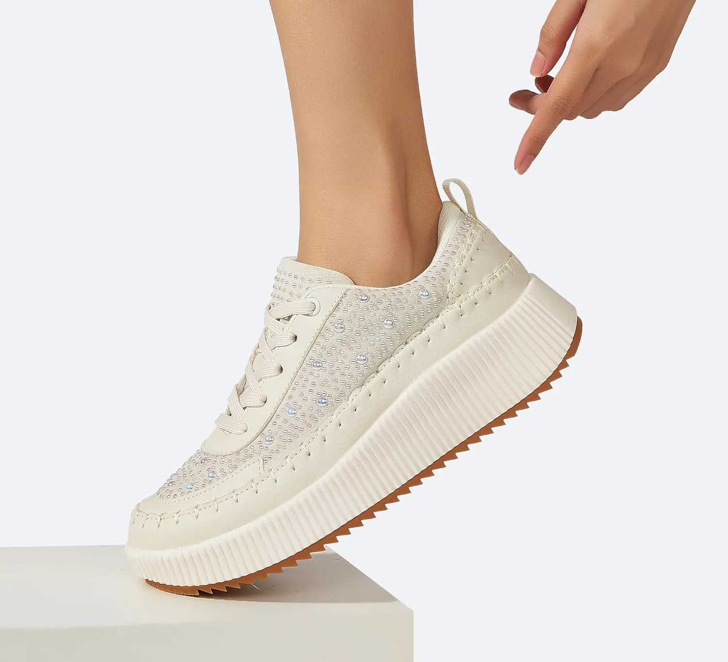 LUCKY STEP Women's Platform Sneakers Rhinestone Fashion Chunky Casual Sparkly Retro Braided Walking Shoes