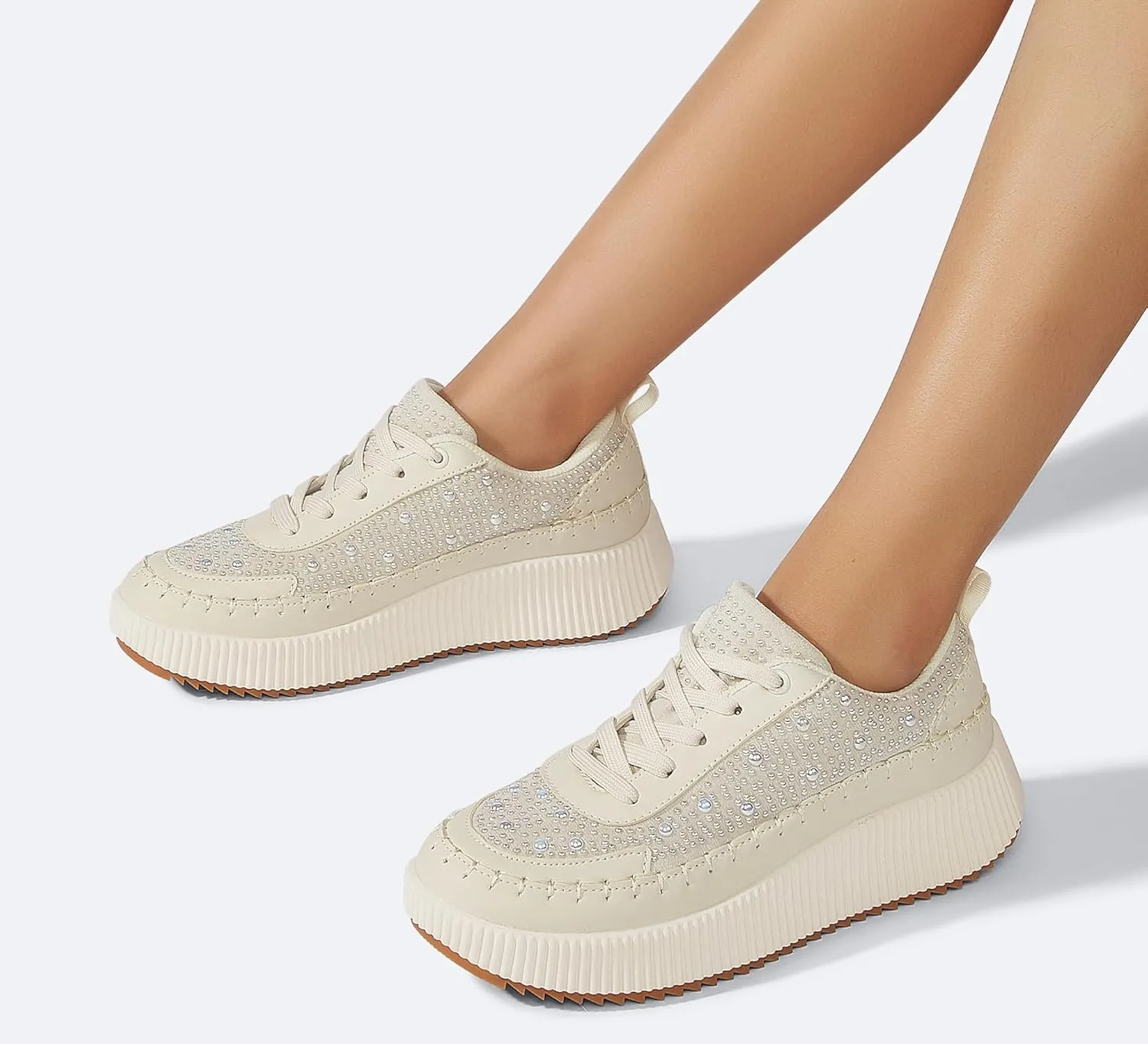 LUCKY STEP Women's Platform Sneakers Rhinestone Fashion Chunky Casual Sparkly Retro Braided Walking Shoes