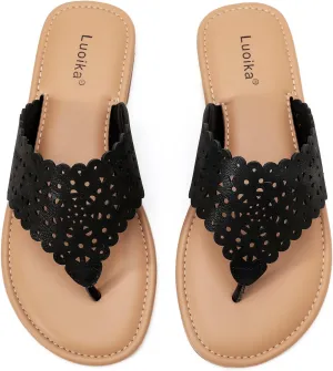 Luoika Women's Wide Width Flat Slides Sandals, Flip Flop Strappy Rhinestone Thong Sandals Comfortable Summer Beach Shoes for Women.
