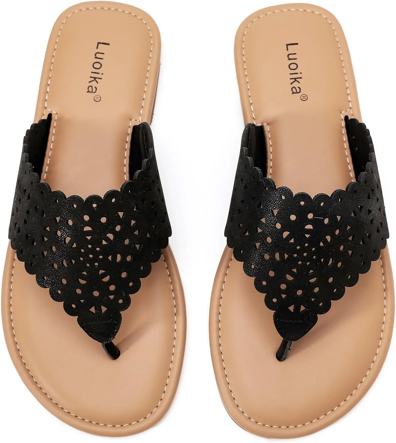 Luoika Women's Wide Width Flat Slides Sandals, Flip Flop Strappy Rhinestone Thong Sandals Comfortable Summer Beach Shoes for Women.