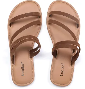 Luoika Women's Wide Width Flat Slides Sandals, Strapy Slide Sandal Slip on Dressy Summer Shoes for Women.