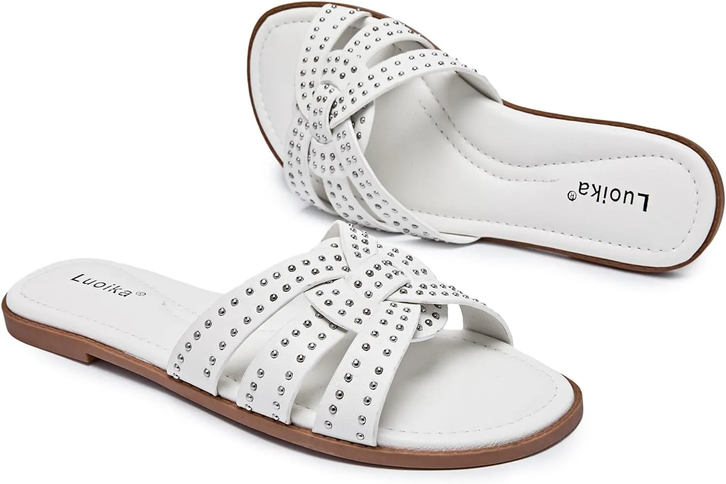 Luoika Women's Wide Width Flat Slides Sandals, Strapy Slide Sandal Slip on Dressy Summer Shoes for Women.