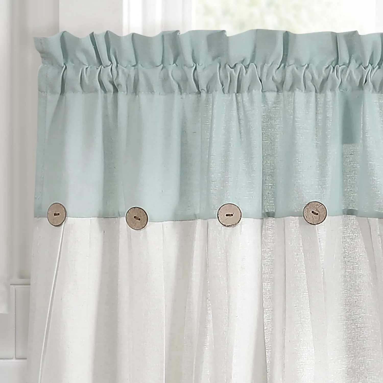 Lush Decor Linen Button Farmhouse Kitchen Tier Curtain Set, Pair, 29" W x 24" L, Blue & White