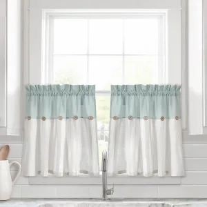 Lush Decor Linen Button Farmhouse Kitchen Tier Curtain Set, Pair, 29" W x 24" L, Blue & White