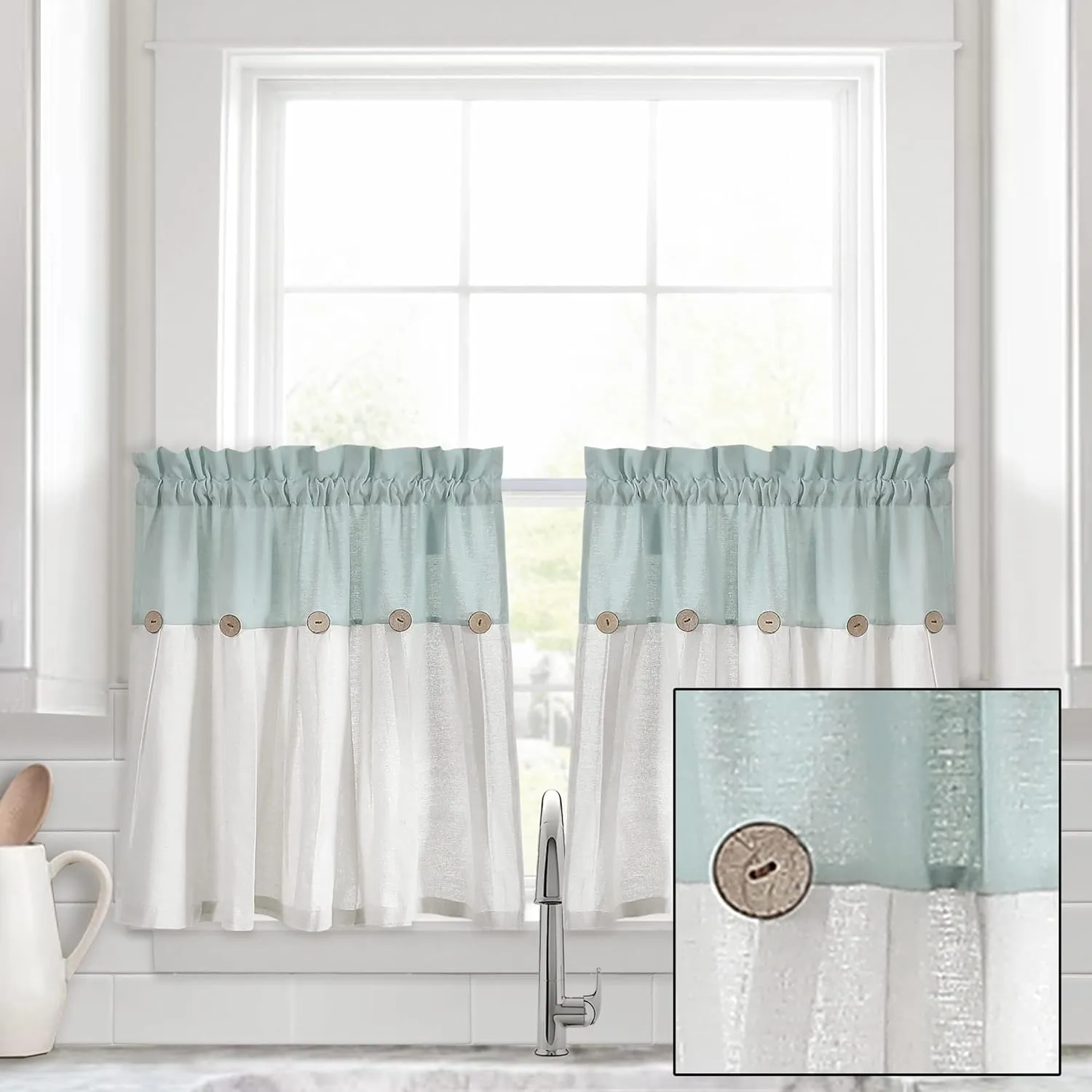 Lush Decor Linen Button Farmhouse Kitchen Tier Curtain Set, Pair, 29" W x 24" L, Blue & White