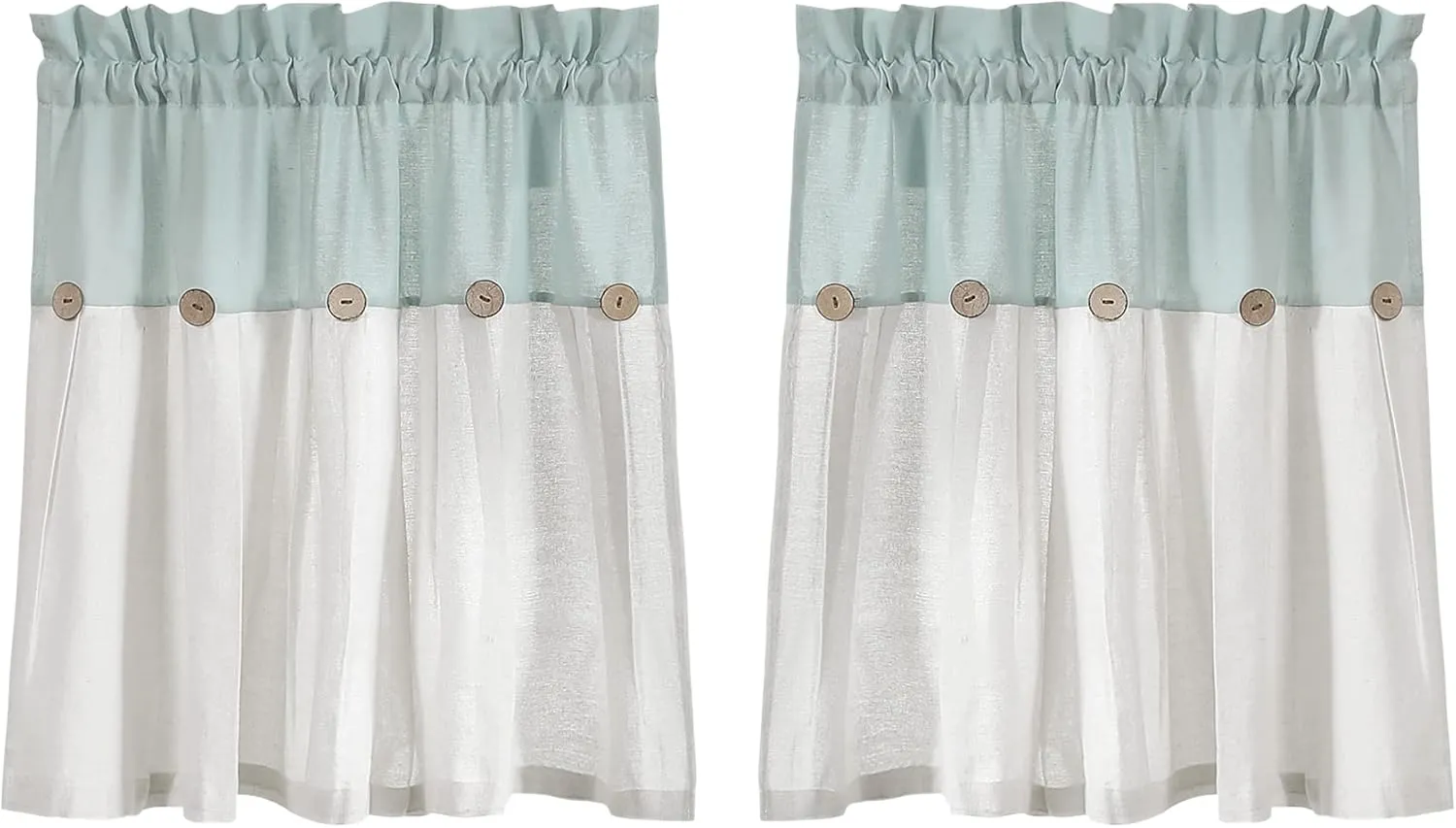 Lush Decor Linen Button Farmhouse Kitchen Tier Curtain Set, Pair, 29" W x 24" L, Blue & White