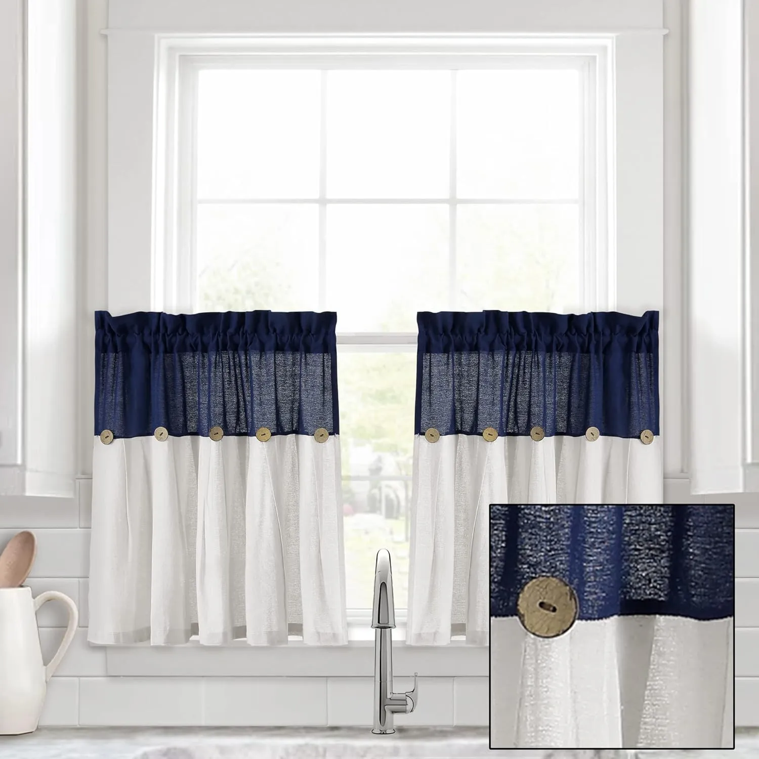 Lush Decor Linen Button Farmhouse Kitchen Tier Curtain Set, Pair, 29" W x 24" L, Navy & White