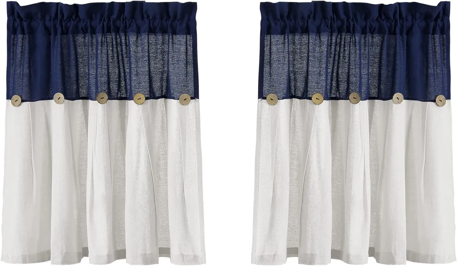 Lush Decor Linen Button Farmhouse Kitchen Tier Curtain Set, Pair, 29" W x 24" L, Navy & White