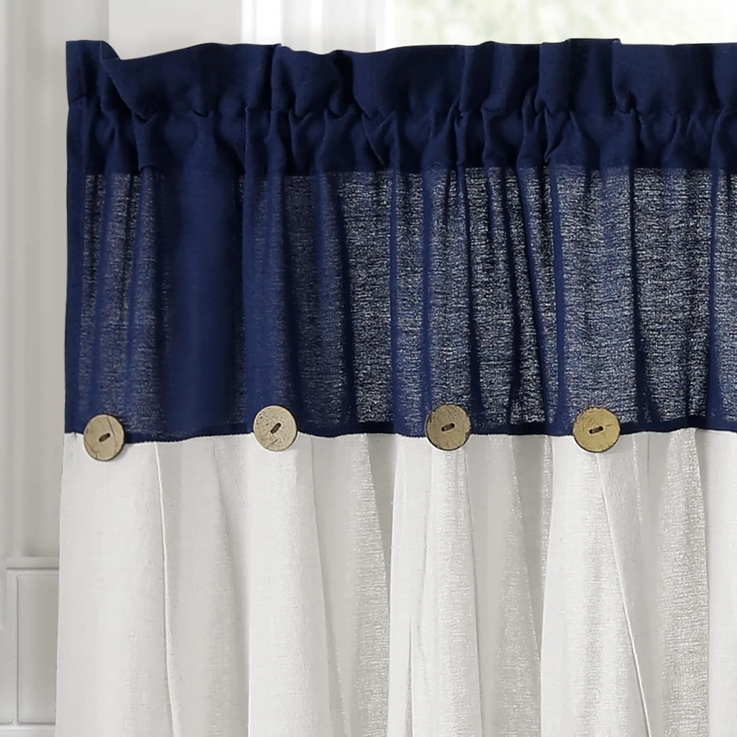 Lush Decor Linen Button Farmhouse Kitchen Tier Curtain Set, Pair, 29" W x 24" L, Navy & White
