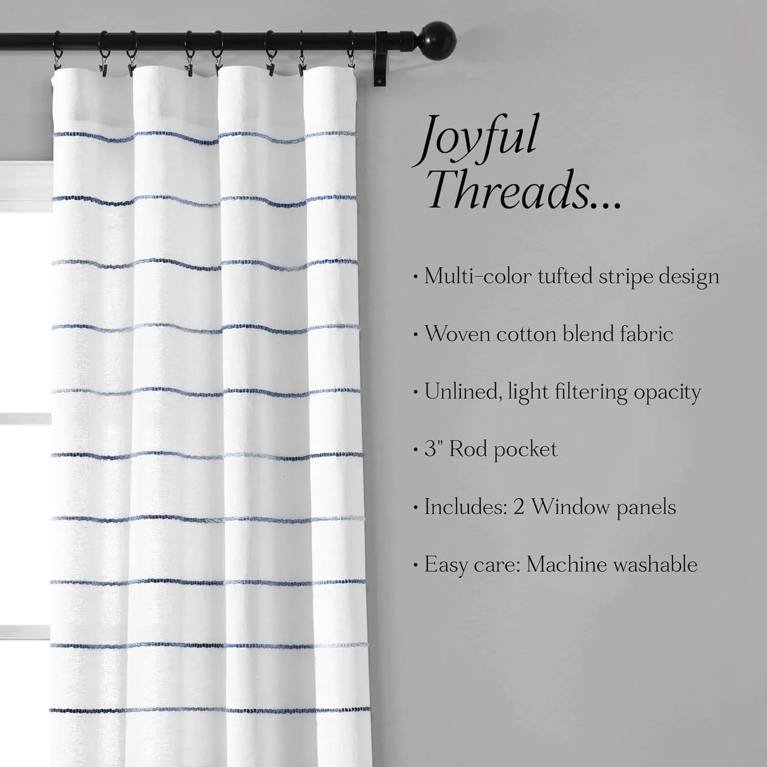 Lush Decor Ombre Stripe Curtain Panel Set, 2, 40''W x 84''L, Navy, Recycled Cotton/Polyester, Rod Pocket, Home Office, Farmhouse