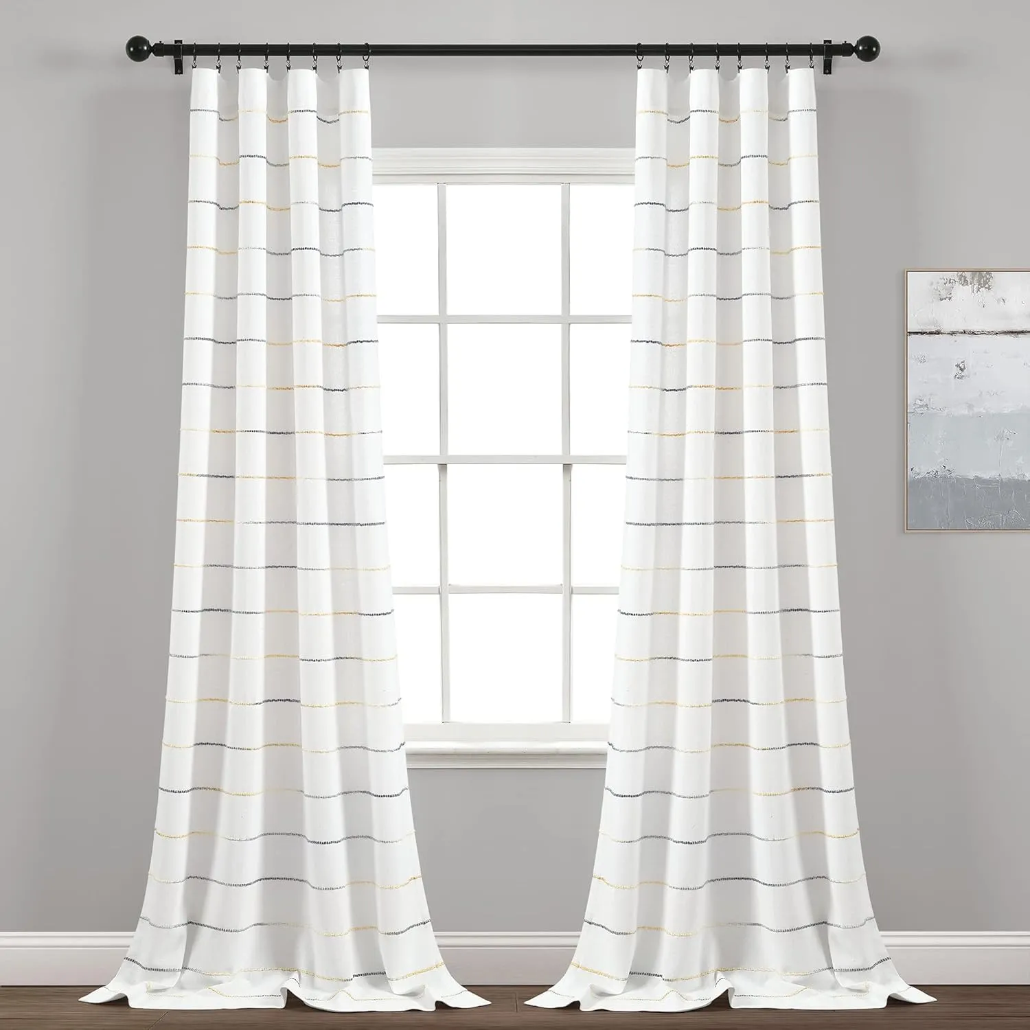 Lush Decor Ombre Stripe Yarn Dyed Cotton Window Curtain Panel Set - Colorful Tufted Yarn Stripe Detail - 2 Window Panels - 40" W x 84" L, Yellow & Gray