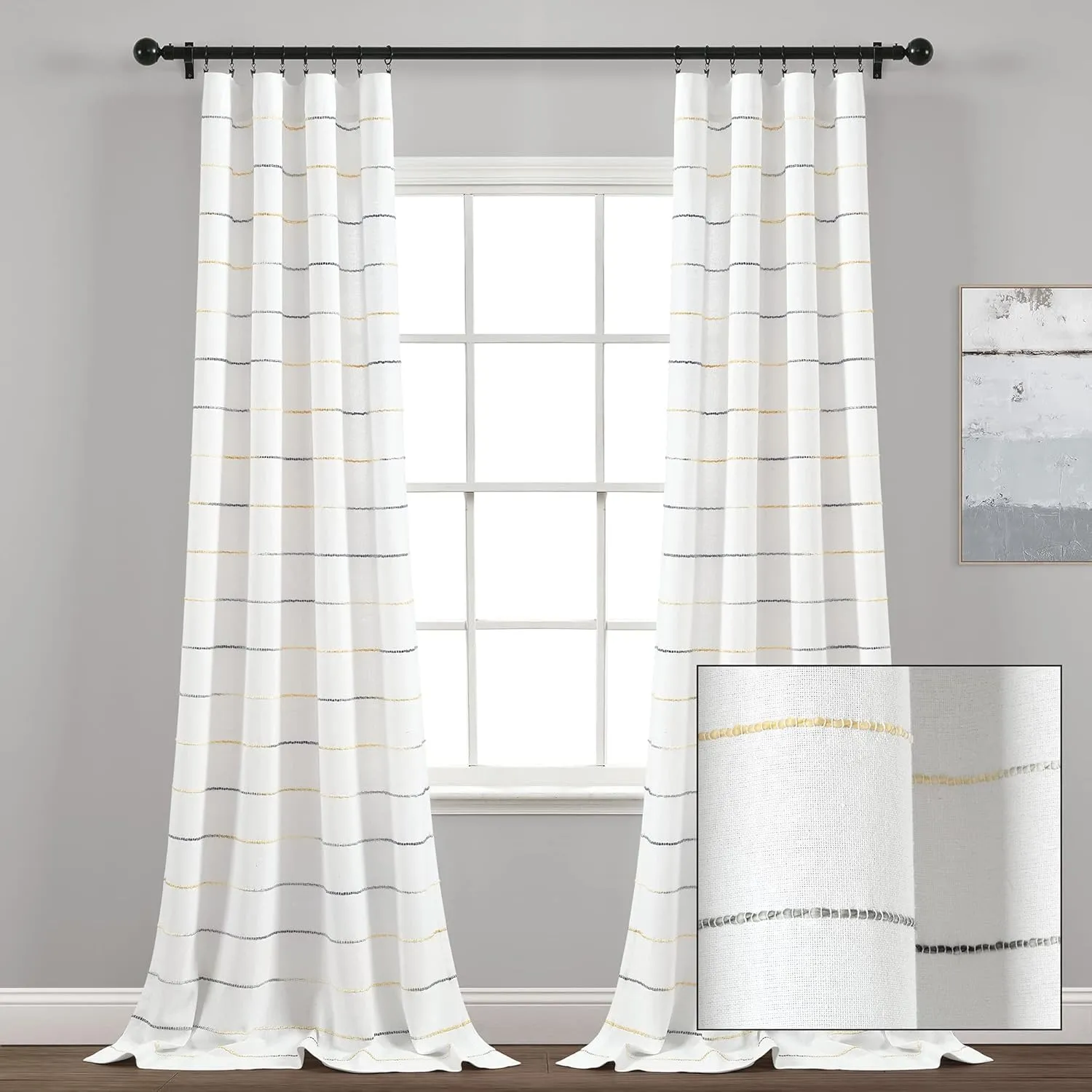 Lush Decor Ombre Stripe Yarn Dyed Cotton Window Curtain Panel Set - Colorful Tufted Yarn Stripe Detail - 2 Window Panels - 40" W x 84" L, Yellow & Gray