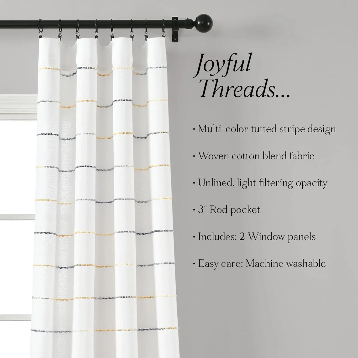 Lush Decor Ombre Stripe Yarn Dyed Cotton Window Curtain Panel Set - Colorful Tufted Yarn Stripe Detail - 2 Window Panels - 40" W x 84" L, Yellow & Gray