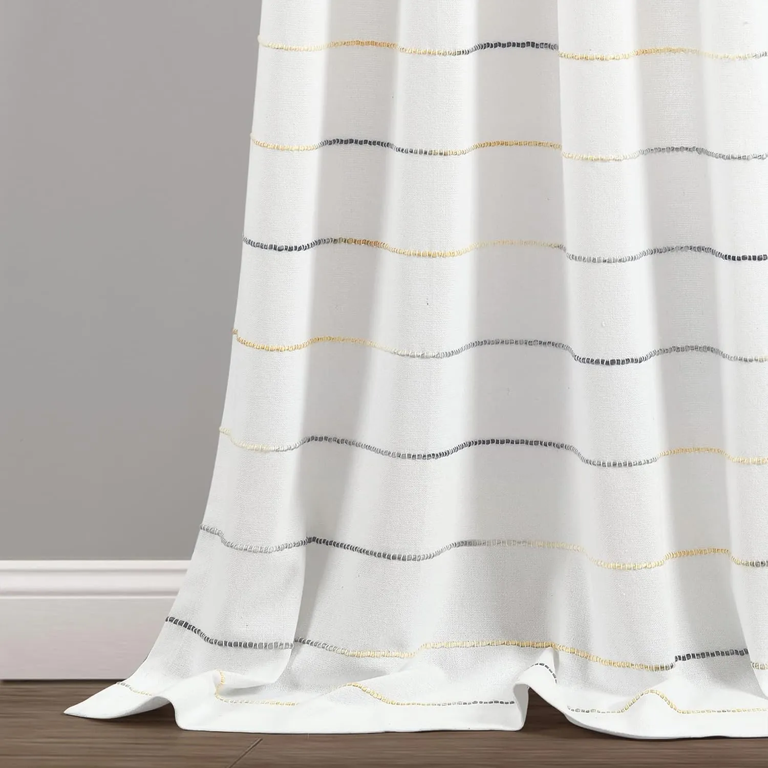 Lush Decor Ombre Stripe Yarn Dyed Cotton Window Curtain Panel Set - Colorful Tufted Yarn Stripe Detail - 2 Window Panels - 40" W x 84" L, Yellow & Gray