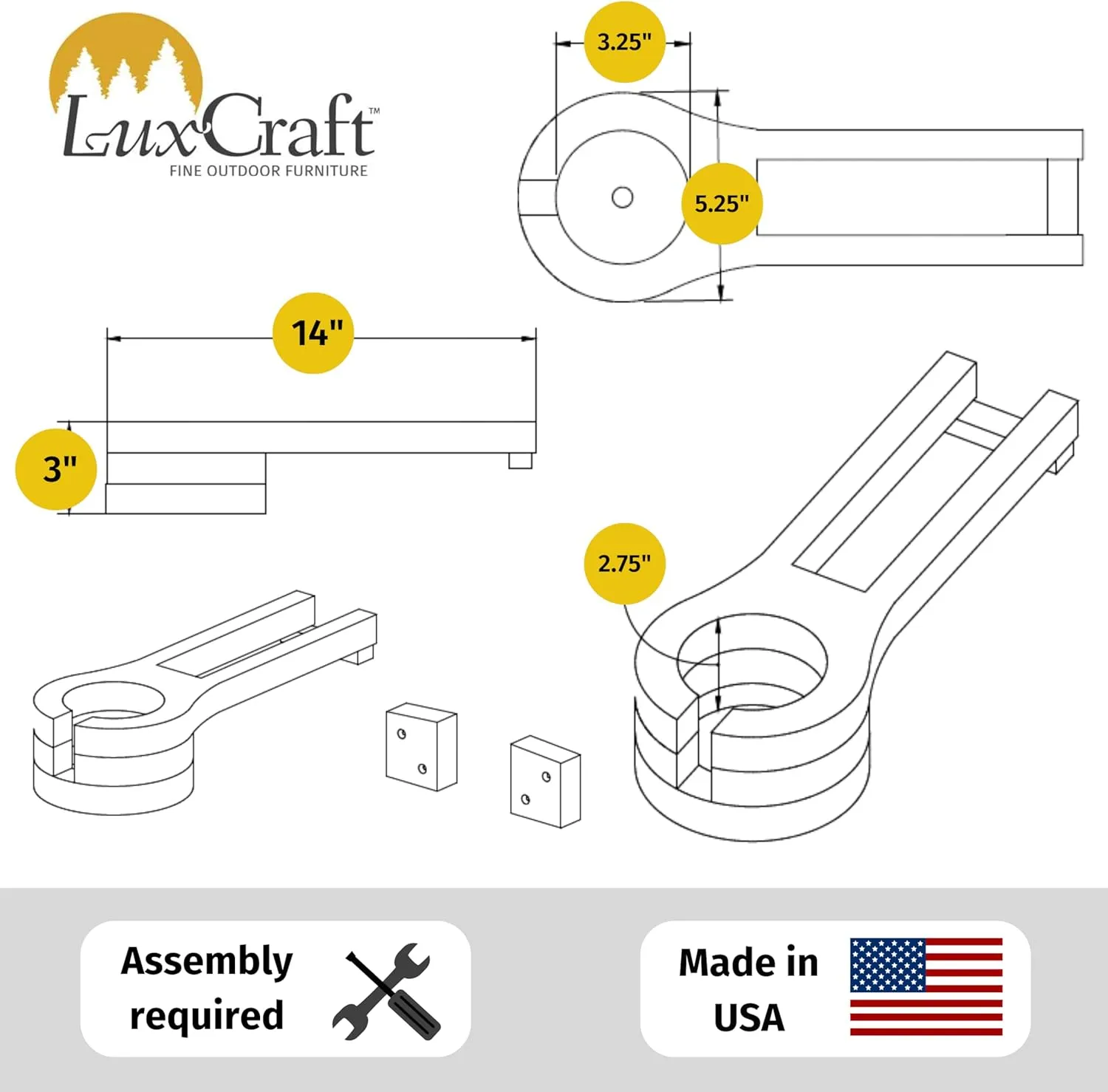 LuxCraft Glider Cup Holder Attachment for Outdoor Gliders, Slide Out Cup Holder for Outside Glider Chairs, Space Saving Design - Amish Made USA (Black)