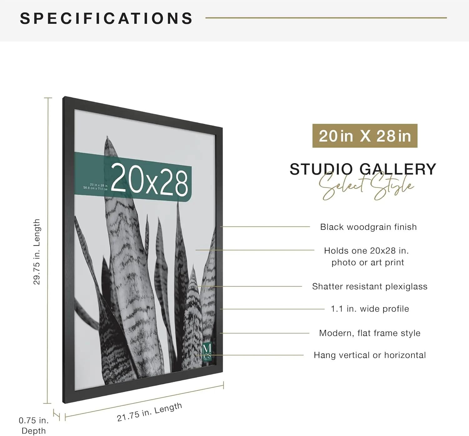 MCS Studio Gallery 20x28 Poster Frame Black Woodgrain, Vertical & Horizontal Wall Hanging Large Picture Frame for Photos, Posters & Art Prints (1-Pack)
