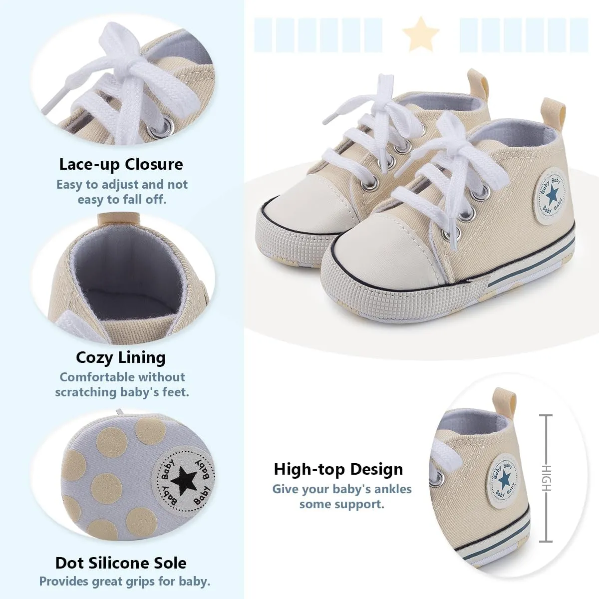 Meckior Baby Girls Boys Canvas Sneakers Soft Sole High-Top Ankle Infant First Walkers Crib Shoes