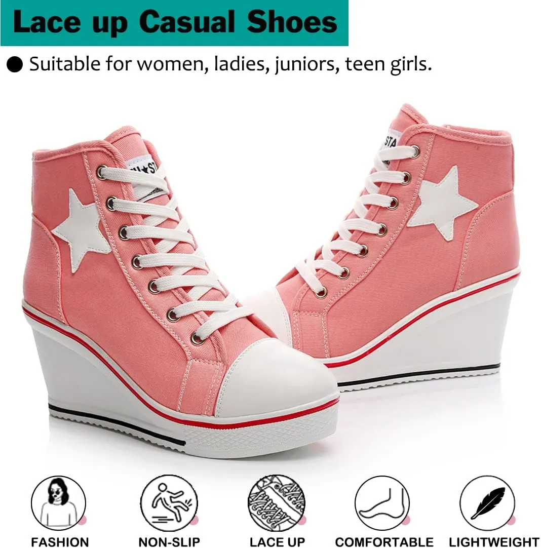 Mei MACLEOD High Heel Wedge Sneakers for Women Casual Lace Up Canvas Shoes for Ladies Platform Wedge Shoes AnkleBooties