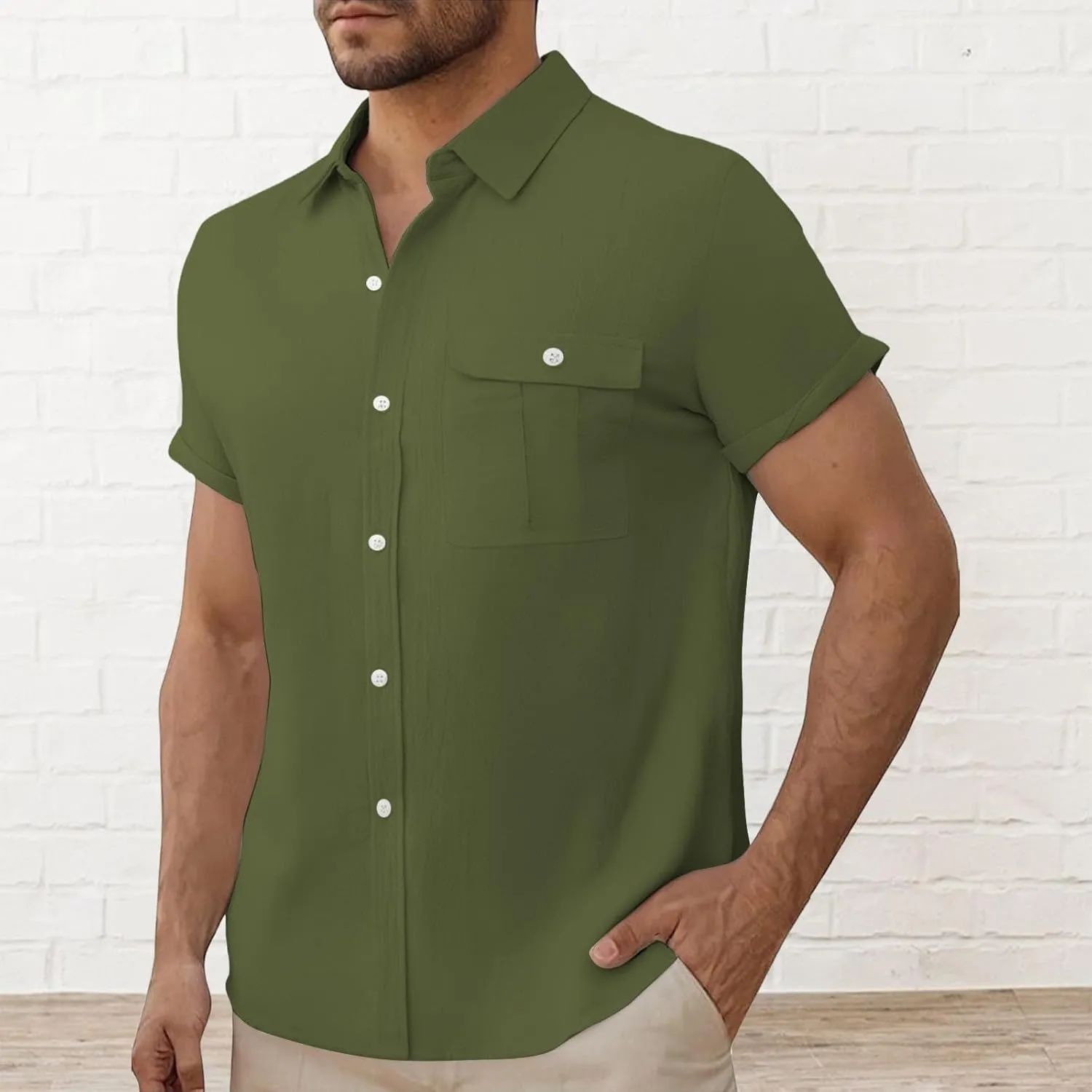 Men Cotton Linen Guayabera Shirts Casual Short Sleeve Button Down Work Shirt Solid Color Business Office Dress Tops