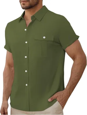 Men Cotton Linen Guayabera Shirts Casual Short Sleeve Button Down Work Shirt Solid Color Business Office Dress Tops