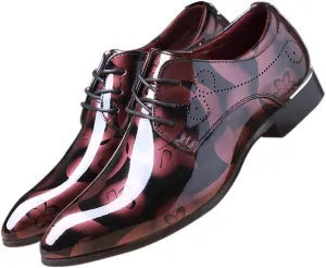 Men Fashion Shoes Dress Pointed Toe Floral Patent Leather Lace Up Oxford Black Brown Red Grey
