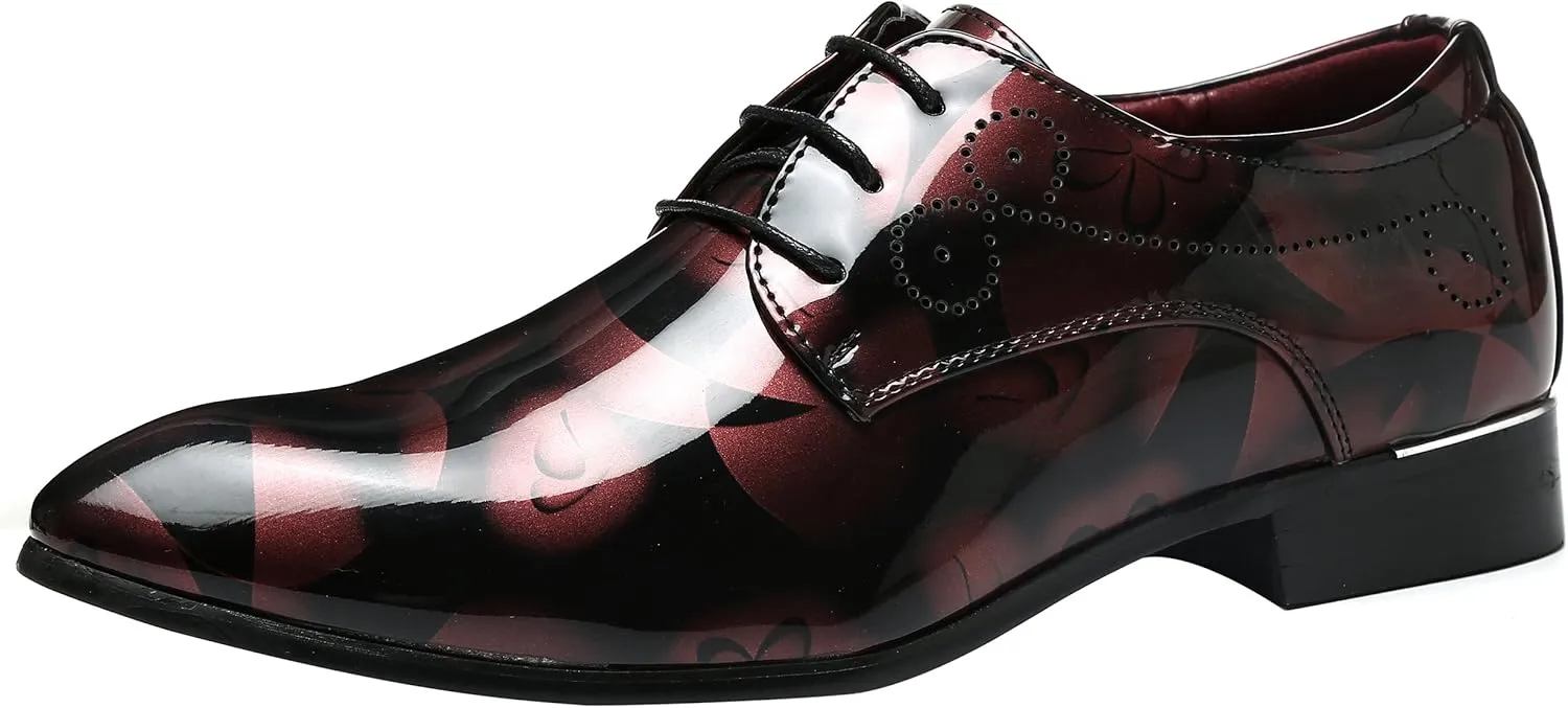 Men Fashion Shoes Dress Pointed Toe Floral Patent Leather Lace Up Oxford Black Brown Red Grey