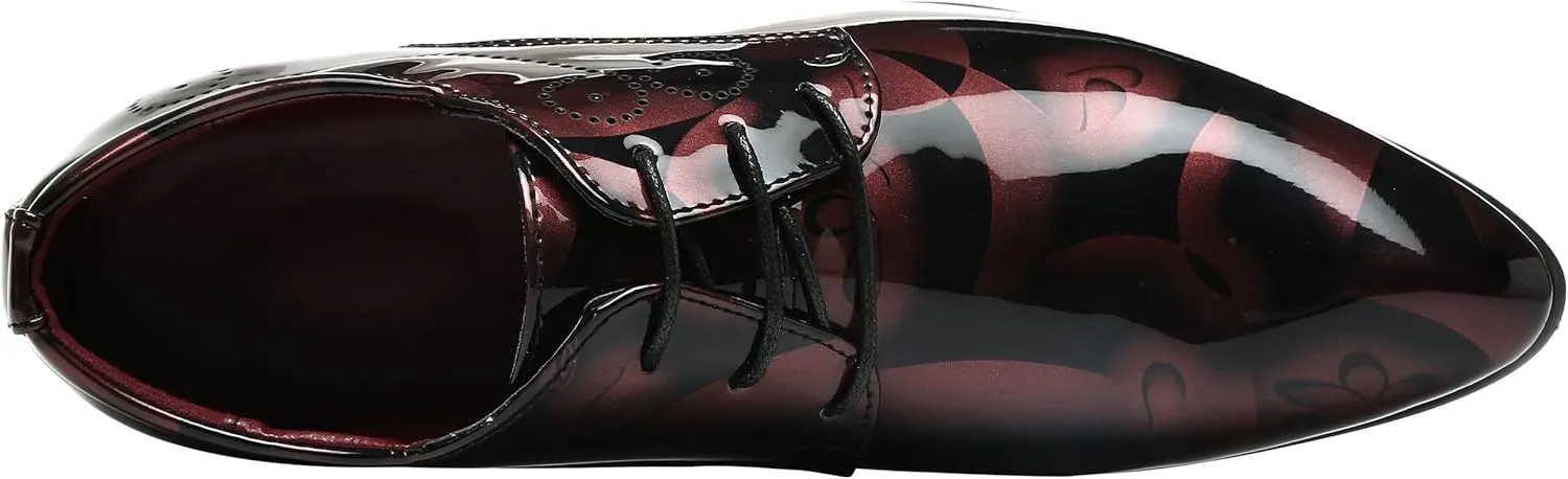 Men Fashion Shoes Dress Pointed Toe Floral Patent Leather Lace Up Oxford Black Brown Red Grey