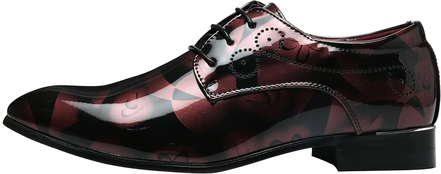 Men Fashion Shoes Dress Pointed Toe Floral Patent Leather Lace Up Oxford Black Brown Red Grey