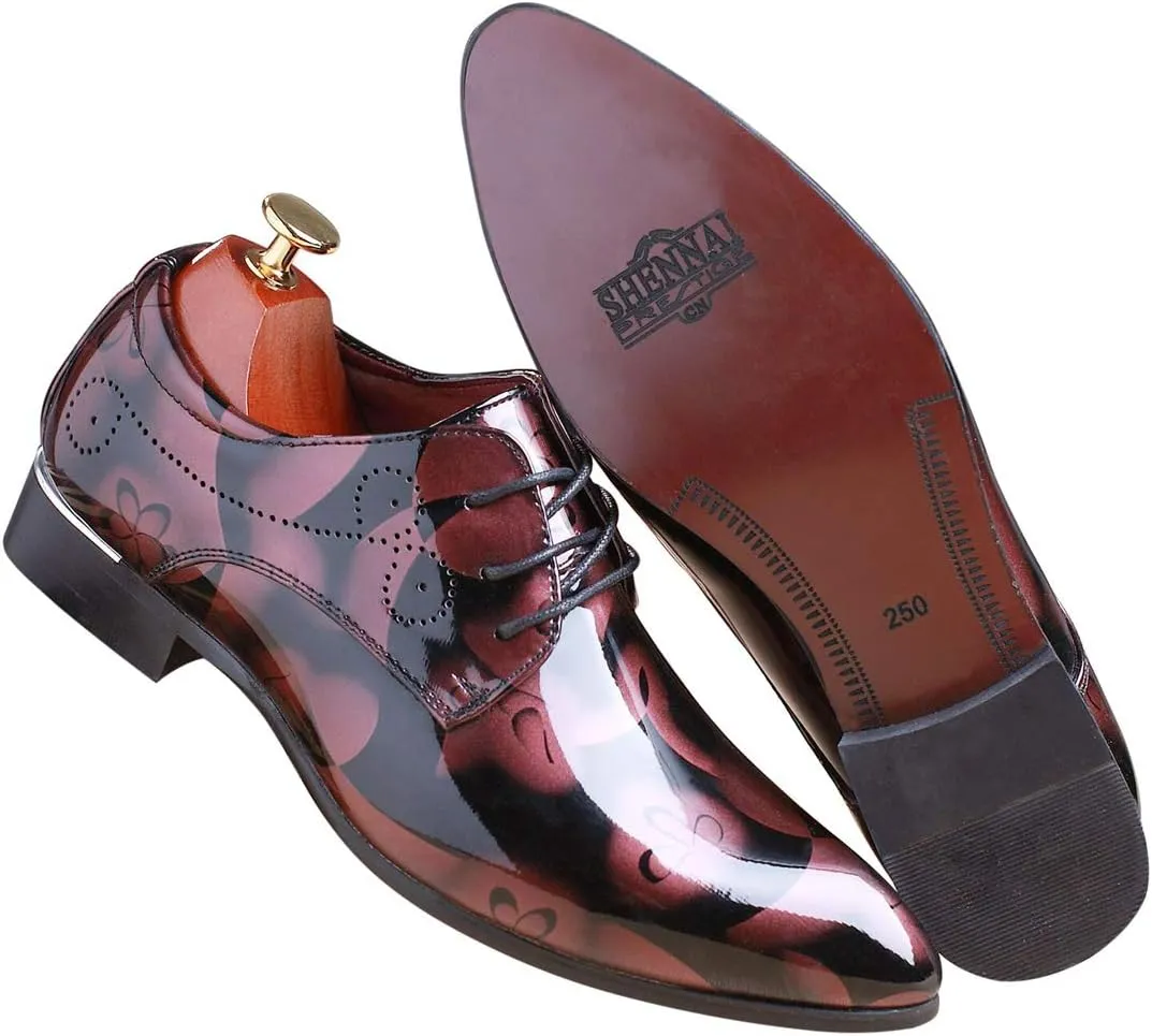 Men Fashion Shoes Dress Pointed Toe Floral Patent Leather Lace Up Oxford Black Brown Red Grey