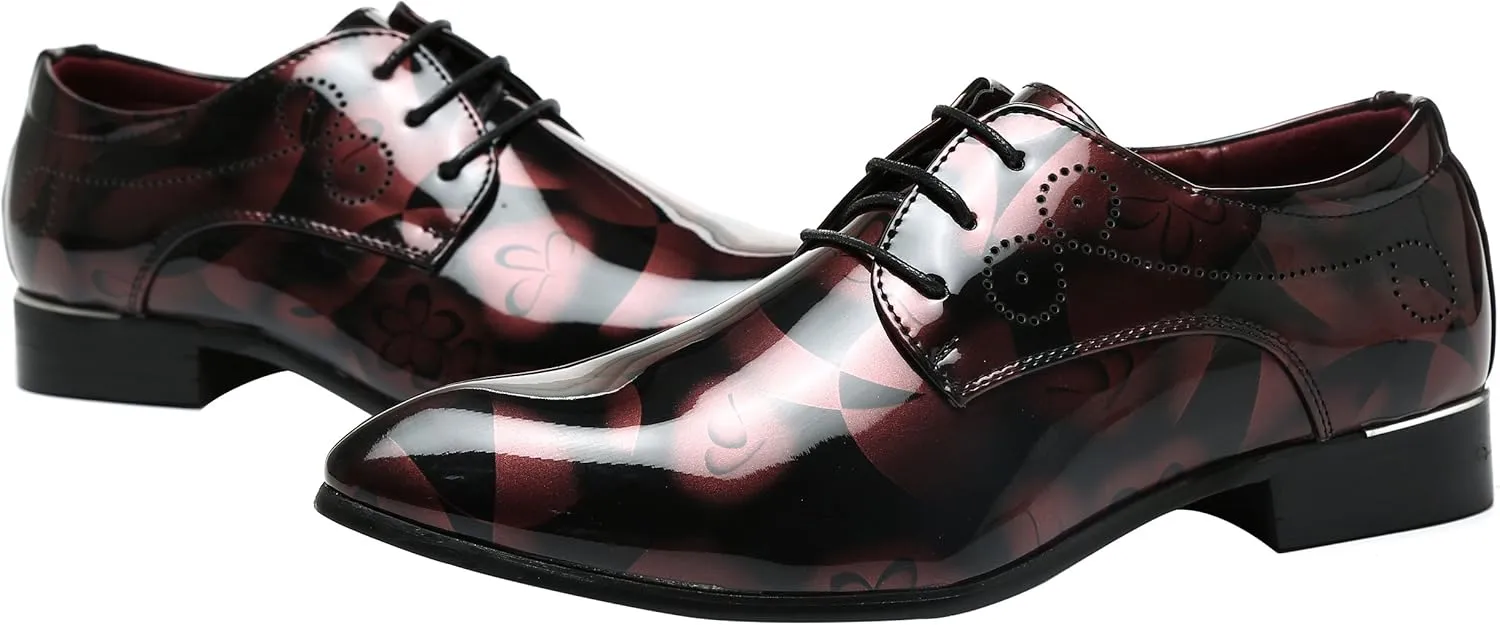 Men Fashion Shoes Dress Pointed Toe Floral Patent Leather Lace Up Oxford Black Brown Red Grey
