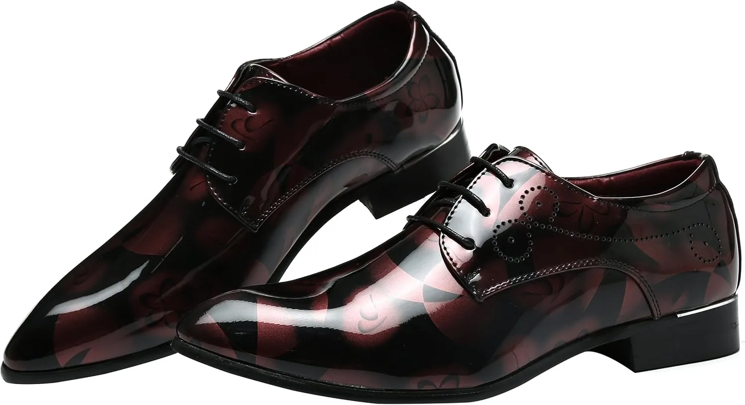 Men Fashion Shoes Dress Pointed Toe Floral Patent Leather Lace Up Oxford Black Brown Red Grey