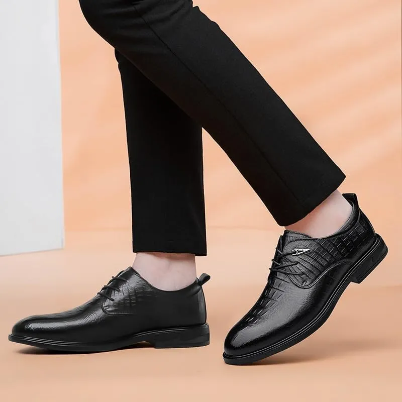 Men's Black Dress Shoes Fashionable Lace-up Crocodile Pattern Leather Shoes Formal Business Casual Oxford