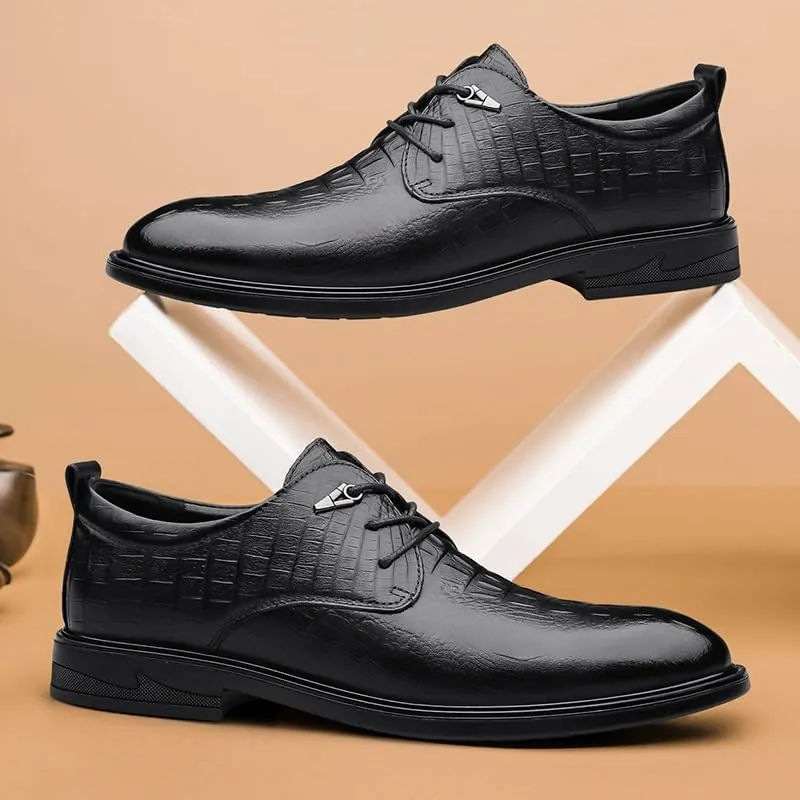 Men's Black Dress Shoes Fashionable Lace-up Crocodile Pattern Leather Shoes Formal Business Casual Oxford