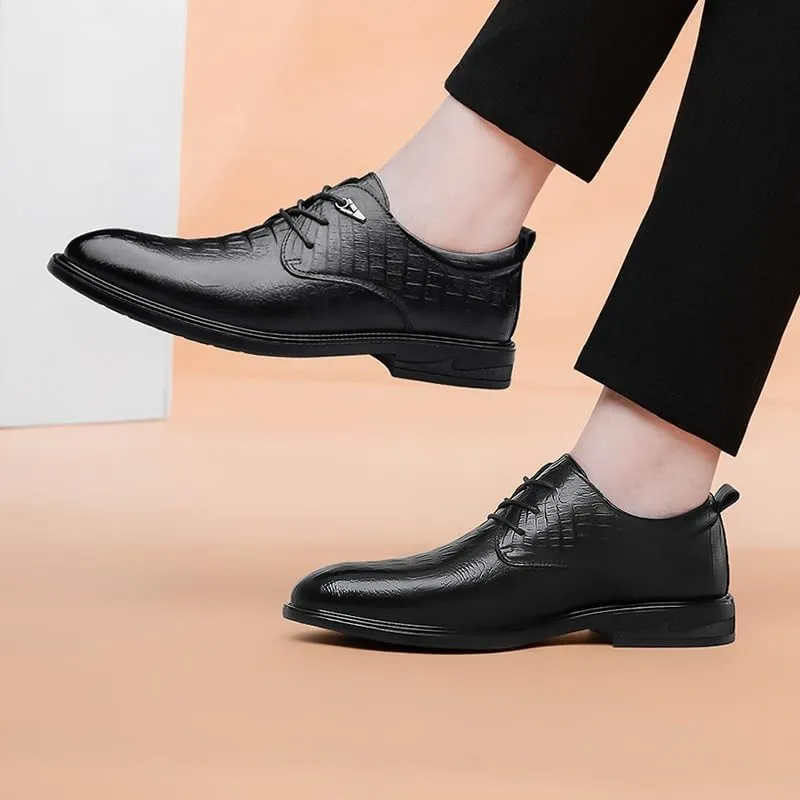 Men's Black Dress Shoes Fashionable Lace-up Crocodile Pattern Leather Shoes Formal Business Casual Oxford