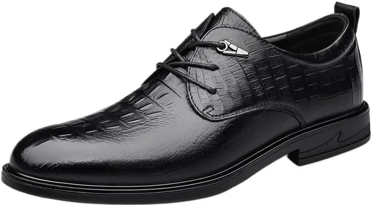 Men's Black Dress Shoes Fashionable Lace-up Crocodile Pattern Leather Shoes Formal Business Casual Oxford