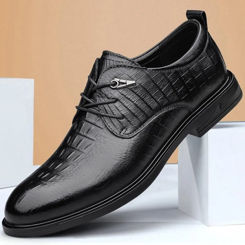 Men's Black Dress Shoes Fashionable Lace-up Crocodile Pattern Leather Shoes Formal Business Casual Oxford