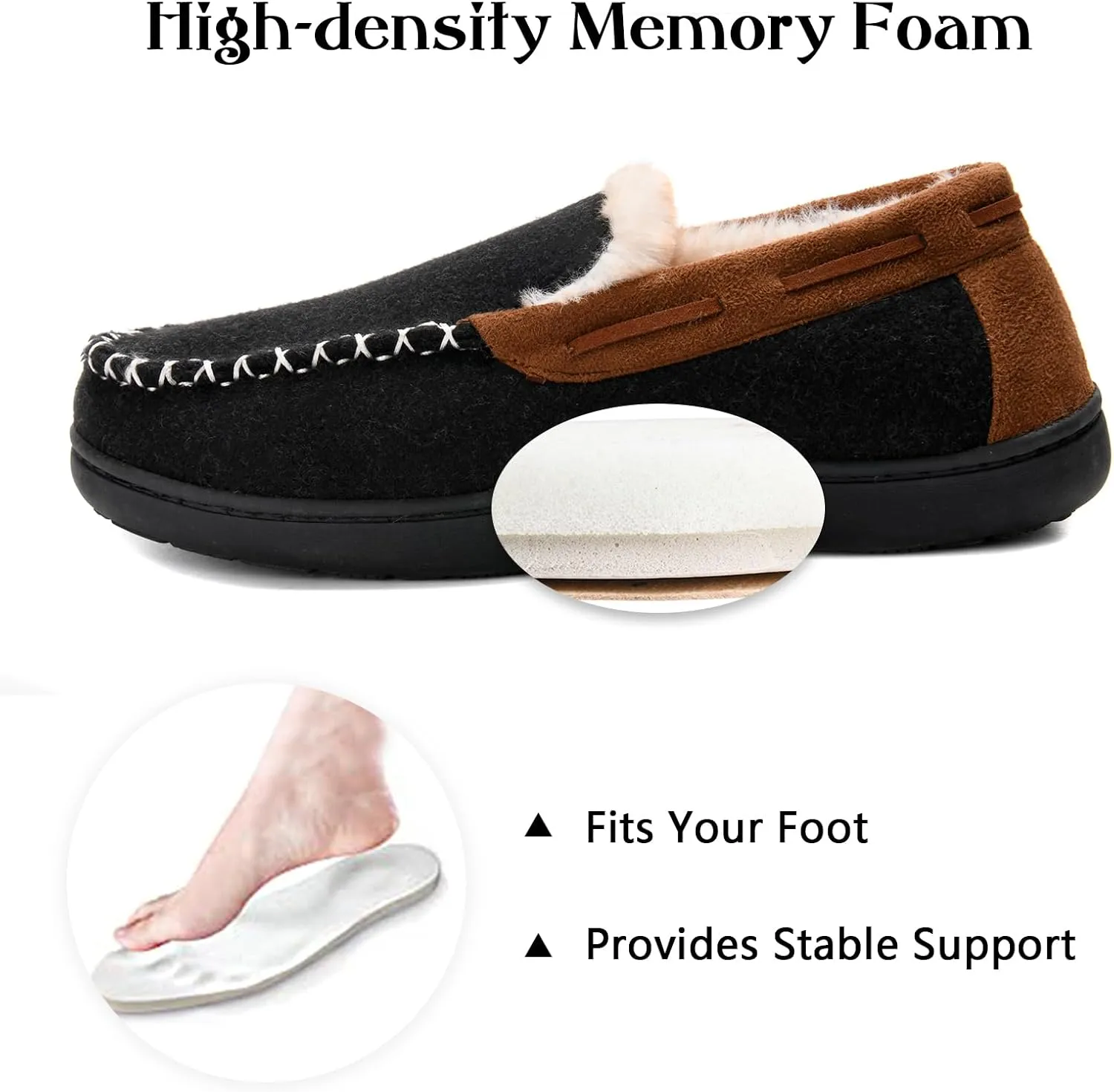 Men's Fuzzy Moccasin House Slippers Memory Foam, Cozy Mens Fluffy Warm Indoor Slippers Closed Back for Winter, Non-Slip Soft Comfy Bedroom Slippers for Men