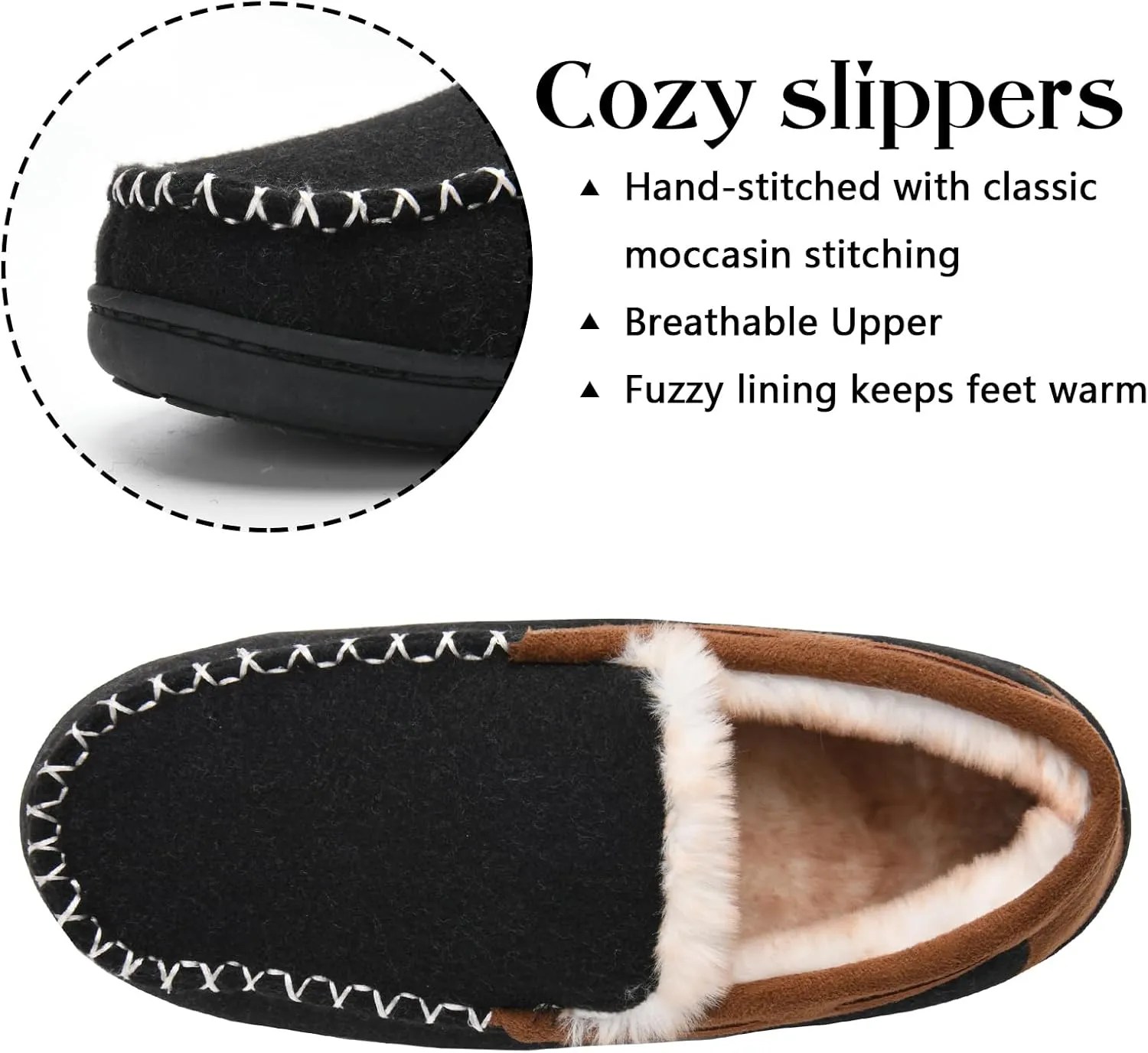 Men's Fuzzy Moccasin House Slippers Memory Foam, Cozy Mens Fluffy Warm Indoor Slippers Closed Back for Winter, Non-Slip Soft Comfy Bedroom Slippers for Men