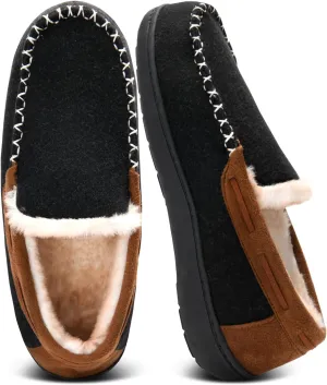 Men's Fuzzy Moccasin House Slippers Memory Foam, Cozy Mens Fluffy Warm Indoor Slippers Closed Back for Winter, Non-Slip Soft Comfy Bedroom Slippers for Men