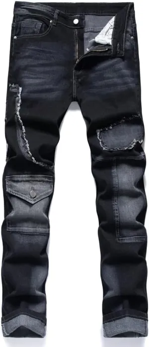 Men's Jeans Denim Pants Straight Patchwork Distressed Biker Jean Streetwear